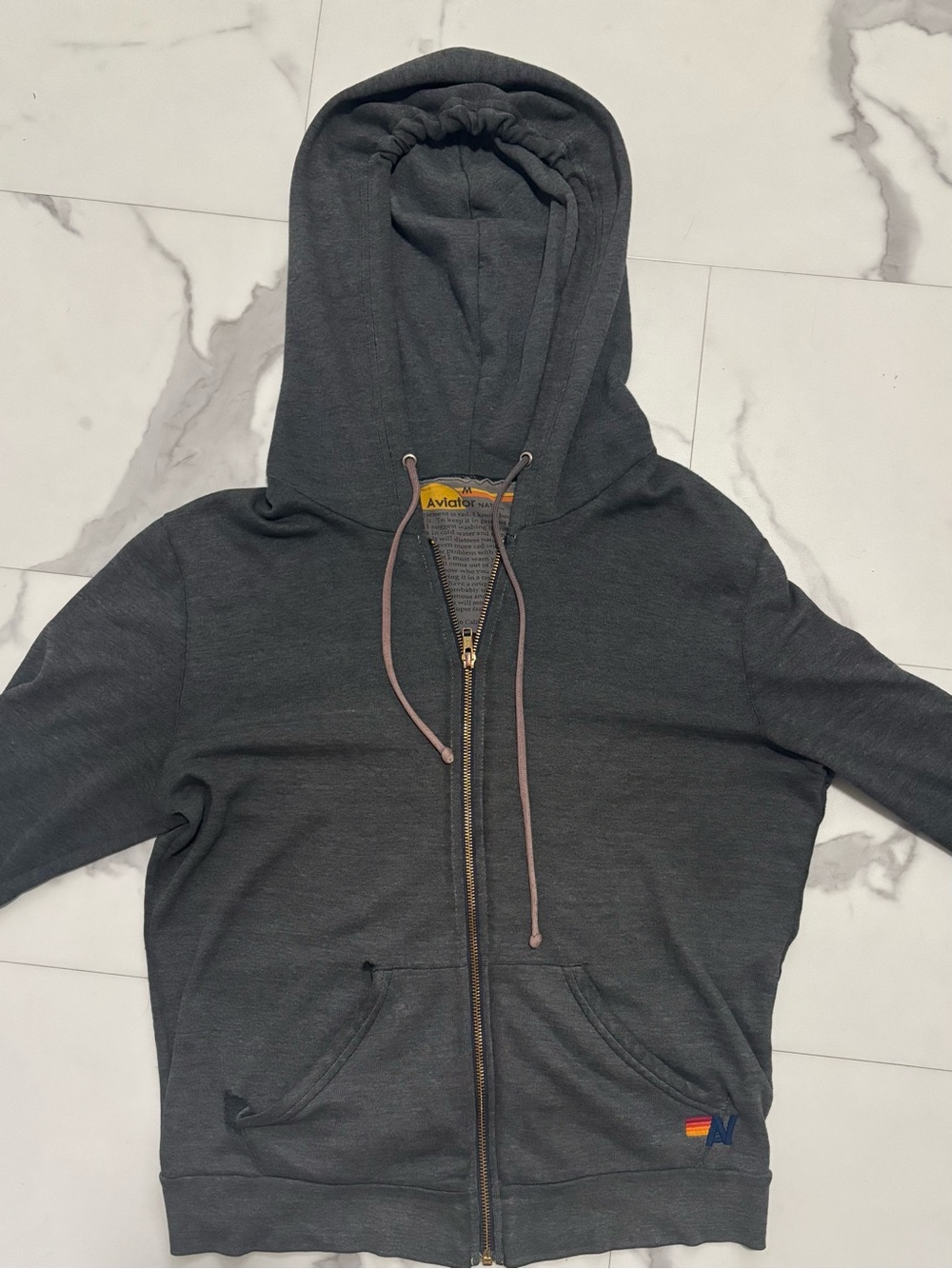 Aviator Nation Charcoal Gray Zip Hoodie with lightning bolt logo